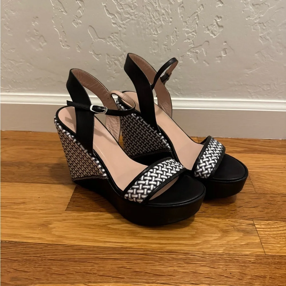 STUART WEITZMAN Black Holiday Pipe Open Toe Platform Wedge Size 7.5 7 1/2‎ Shoes